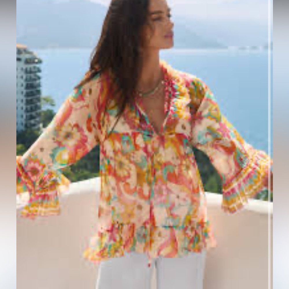 Johnny Was Floral Sheer Ruffle Blouse in Pink, Coral, Turquoise - Picture 14 of 16